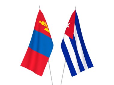 Beyaz arka planda Küba ve Moğolistan 'ın ulusal kumaş bayrakları izole edildi. 3d resimleme.