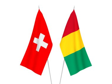 Beyaz arka planda İsviçre ve Gine 'nin ulusal kumaş bayrakları izole edildi. 3d resimleme.
