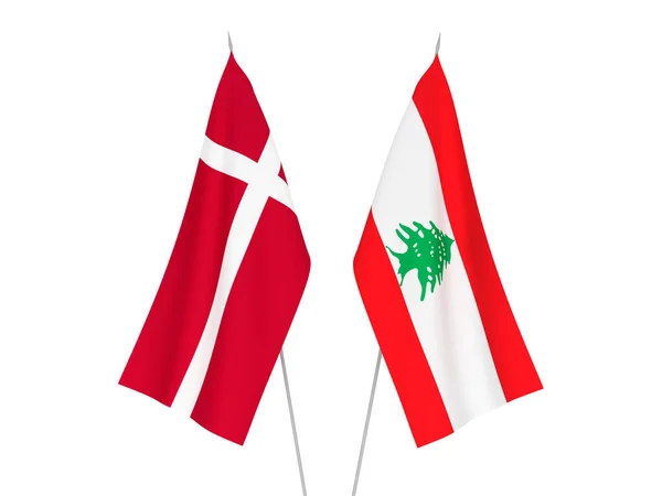 Banderas Nacionales Tela Líbano Dinamarca Aisladas Sobre Fondo Blanco Ilustración —  Fotos de Stock