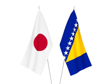 Beyaz arka planda Japonya ve Bosna-Hersek 'in ulusal kumaş bayrakları izole edildi. 3d resimleme.