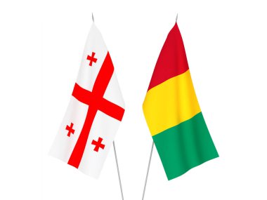 Beyaz arka planda Gürcistan ve Gine 'nin ulusal kumaş bayrakları izole edildi. 3d resimleme.
