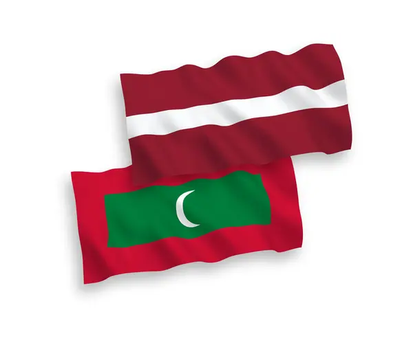Lettország Maldív Szigetek Nemzeti Vektorszöveti Hullámzászlói Fehér Alapon Elszigetelve Arányú — Stock Vector