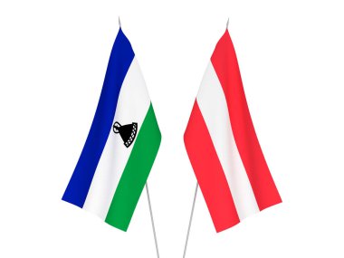 Lesotho ve Avusturya 'nın ulusal kumaş bayrakları beyaz arka planda izole edildi. 3d resimleme.
