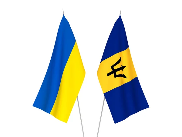 Nationalflaggen Der Ukraine Und Barbados Auf Weißem Hintergrund Darstellung — Stockfoto