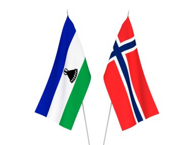 Norveç ve Lesotho 'nun ulusal kumaş bayrakları beyaz arka planda izole edildi. 3d resimleme.