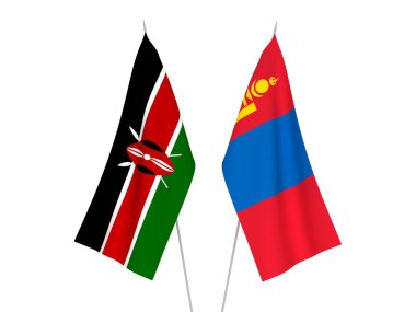 Kenya ve Moğolistan 'ın ulusal kumaş bayrakları beyaz arka planda izole edildi. 3d resimleme.
