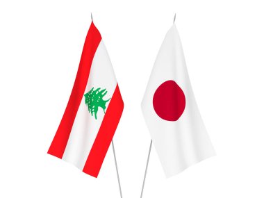 Beyaz arka planda Japonya ve Lübnan 'ın ulusal kumaş bayrakları izole edildi. 3d resimleme.