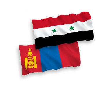 Beyaz arka planda Moğolistan ve Suriye 'nin ulusal taşıyıcı kumaş bayrakları izole edildi. 1 'e 2 oranında.