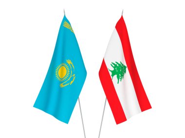 Beyaz arka planda Kazakistan ve Lübnan 'ın ulusal kumaş bayrakları izole edildi. 3d resimleme.