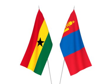 Beyaz arka planda Gana ve Moğolistan 'ın ulusal kumaş bayrakları izole edildi. 3d resimleme.