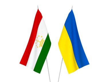 Beyaz arka planda Ukrayna ve Tacikistan 'ın ulusal kumaş bayrakları izole edildi. 3d resimleme.