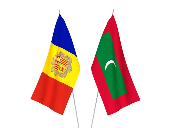 National fabric flags of Andorra and Maldives isolated on white background. 3d rendering illustration.