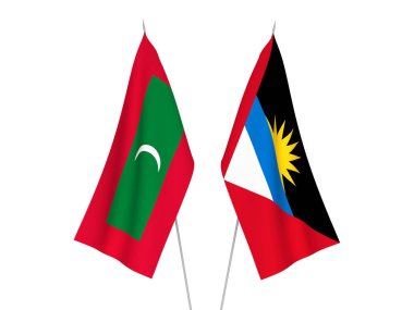 Beyaz arka planda Antigua, Barbuda ve Maldivler 'in ulusal kumaş bayrakları izole edildi. 3d resimleme.