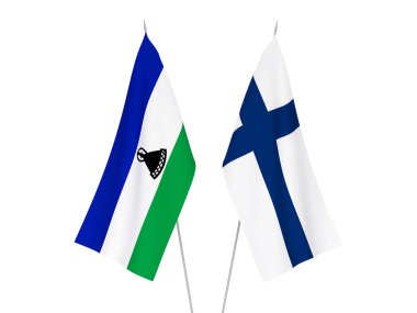 Lesotho ve Finlandiya 'nın ulusal kumaş bayrakları beyaz arka planda izole edilmiştir. 3d resimleme.