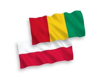 Beyaz arka planda Gine ve Polonya 'nın ulusal taşıyıcı kumaş bayrakları izole edildi. 1 'e 2 oranında.