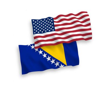 Bosna-Hersek ve ABD 'nin ulusal taşıyıcı kumaş bayrakları beyaz zemin üzerinde izole edildi. 1 'e 2 oranında.