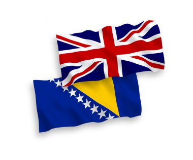 Büyük Britanya ve Bosna-Hersek 'in ulusal taşıyıcı kumaş bayrakları beyaz arka planda izole edildi. 1 'e 2 oranında.