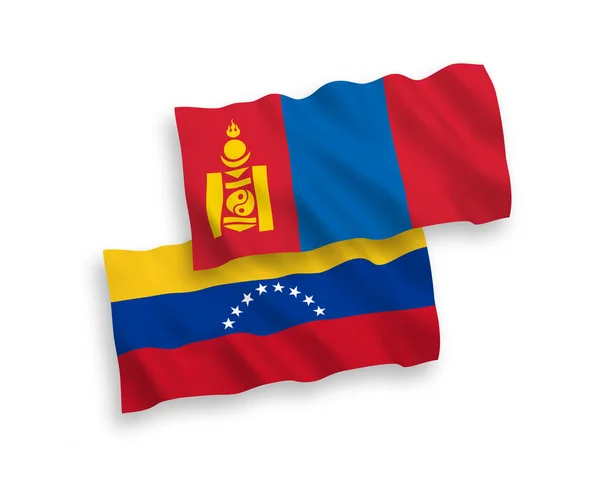 委内瑞拉和蒙古在白色背景下孤立的国家病媒织物波浪旗 1比2的比例 — 图库矢量图片