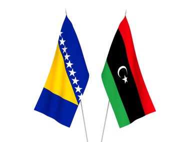 Libya ve Bosna-Hersek 'in ulusal kumaş bayrakları beyaz arka planda izole edildi. 3d resimleme.