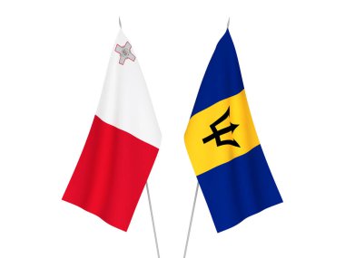 Beyaz arka planda Barbados ve Malta 'nın ulusal kumaş bayrakları izole edildi. 3d resimleme.