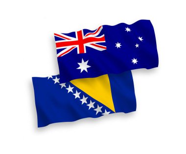 Avustralya ve Bosna-Hersek 'in ulusal taşıyıcı kumaş bayrakları beyaz zemin üzerinde izole edildi. 1 'e 2 oranında.