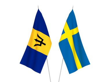 Beyaz arka planda İsveç ve Barbados 'un ulusal kumaş bayrakları izole edildi. 3d resimleme.