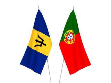 Beyaz arka planda Barbados ve Portekiz 'in ulusal kumaş bayrakları izole edildi. 3d resimleme.