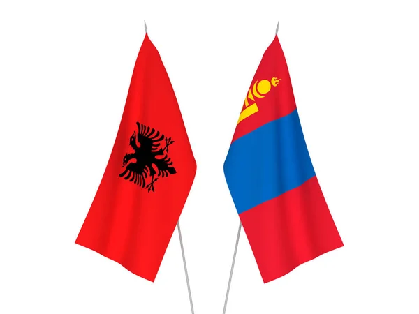Bandeiras Tecido Nacional República Albânia Mongólia Isoladas Fundo Branco Ilustração — Fotografia de Stock