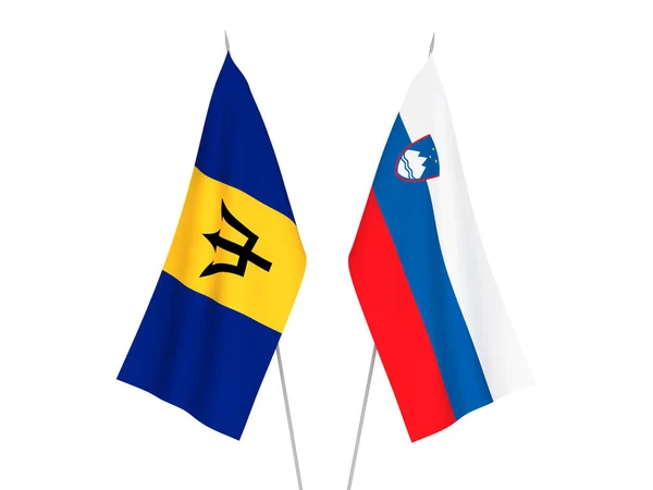 Bandiere Nazionali Tessuto Slovenia Barbados Isolate Sfondo Bianco Illustrazione Rendering — Foto Stock