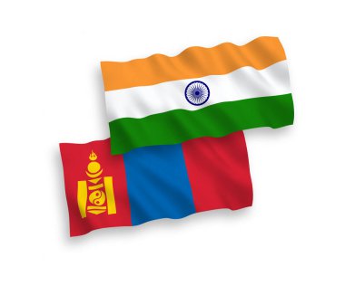 Hindistan ve Moğolistan 'ın ulusal taşıyıcı kumaş bayrakları beyaz arka planda izole edildi. 1 'e 2 oranında.