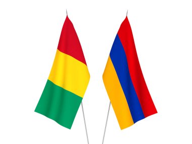 Beyaz arka planda Ermenistan ve Gine 'nin ulusal kumaş bayrakları izole edildi. 3d resimleme.