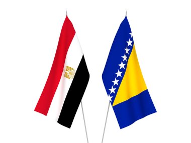 Mısır ve Bosna-Hersek 'in ulusal kumaş bayrakları beyaz arka planda izole edildi. 3d resimleme.