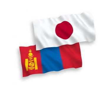Japonya ve Moğolistan 'ın ulusal taşıyıcı kumaş bayrakları beyaz arka planda izole edildi. 1 'e 2 oranında.