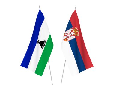 Sırbistan ve Lesotho 'nun ulusal kumaş bayrakları beyaz arka planda izole edildi. 3d resimleme.