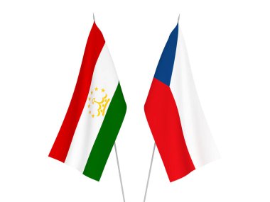 Beyaz arka planda Tacikistan ve Çek Cumhuriyeti 'nin ulusal kumaş bayrakları izole edildi. 3d resimleme.