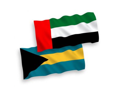 Bahamalar Eyaleti ve Birleşik Arap Emirlikleri 'nin bayrakları beyaz arka planda izole edilmiş. 1 'e 2 oranında.