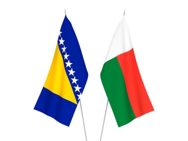 Madagaskar ve Bosna-Hersek 'in ulusal kumaş bayrakları beyaz arka planda izole edildi. 3d resimleme.