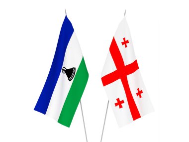 Beyaz arka planda Gürcistan ve Lesotho 'nun ulusal kumaş bayrakları izole edildi. 3d resimleme.