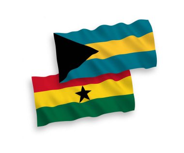 Bahamalar Eyaleti ve Gana 'nın ulusal taşıyıcı kumaş bayrakları beyaz arka planda izole edildi. 1 'e 2 oranında.