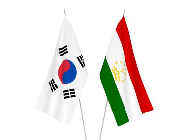 Beyaz arka planda Güney Kore ve Tacikistan 'ın ulusal kumaş bayrakları izole edildi. 3d resimleme.