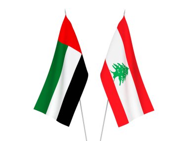 Beyaz arka planda Birleşik Arap Emirlikleri ve Lübnan 'ın ulusal kumaş bayrakları izole edildi. 3d resimleme.
