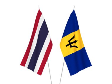 Beyaz arka planda Tayland ve Barbados 'un ulusal kumaş bayrakları izole edildi. 3d resimleme.