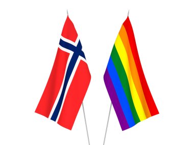 Norveç 'in ulusal kumaş bayrakları ve Gökkuşağı gay gururu beyaz arka planda izole edildi. 3d resimleme.