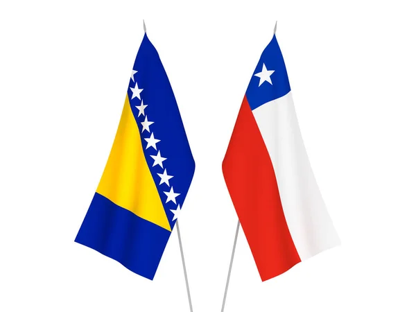 Banderas Nacionales Tejido Chile Bosnia Herzegovina Aisladas Sobre Fondo Blanco — Foto de Stock