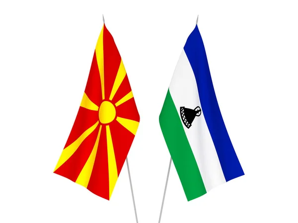Drapeaux Nationaux Tissu Macédoine Nord Lesotho Isolés Sur Fond Blanc — Photo