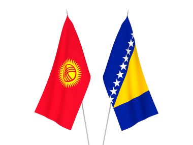 Kırgızistan ve Bosna-Hersek 'in ulusal kumaş bayrakları beyaz arka planda izole edildi. 3d resimleme.