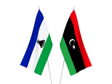 Libya ve Lesotho 'nun ulusal kumaş bayrakları beyaz arka planda izole edildi. 3d resimleme.