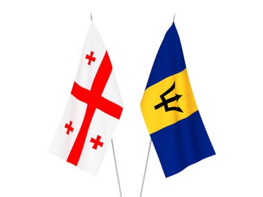 Beyaz arka planda Gürcistan ve Barbados 'un ulusal kumaş bayrakları izole edildi. 3d resimleme.