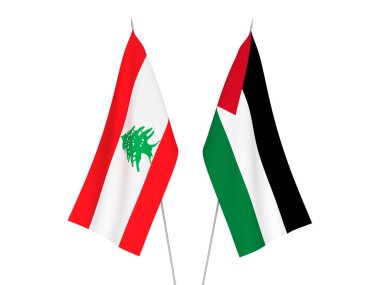 Beyaz arka planda, Filistin ve Lübnan 'ın ulusal kumaş bayrakları izole edildi. 3d resimleme.