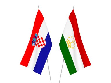 Beyaz arka planda Hırvatistan ve Tacikistan 'ın ulusal kumaş bayrakları izole edildi. 3d resimleme.